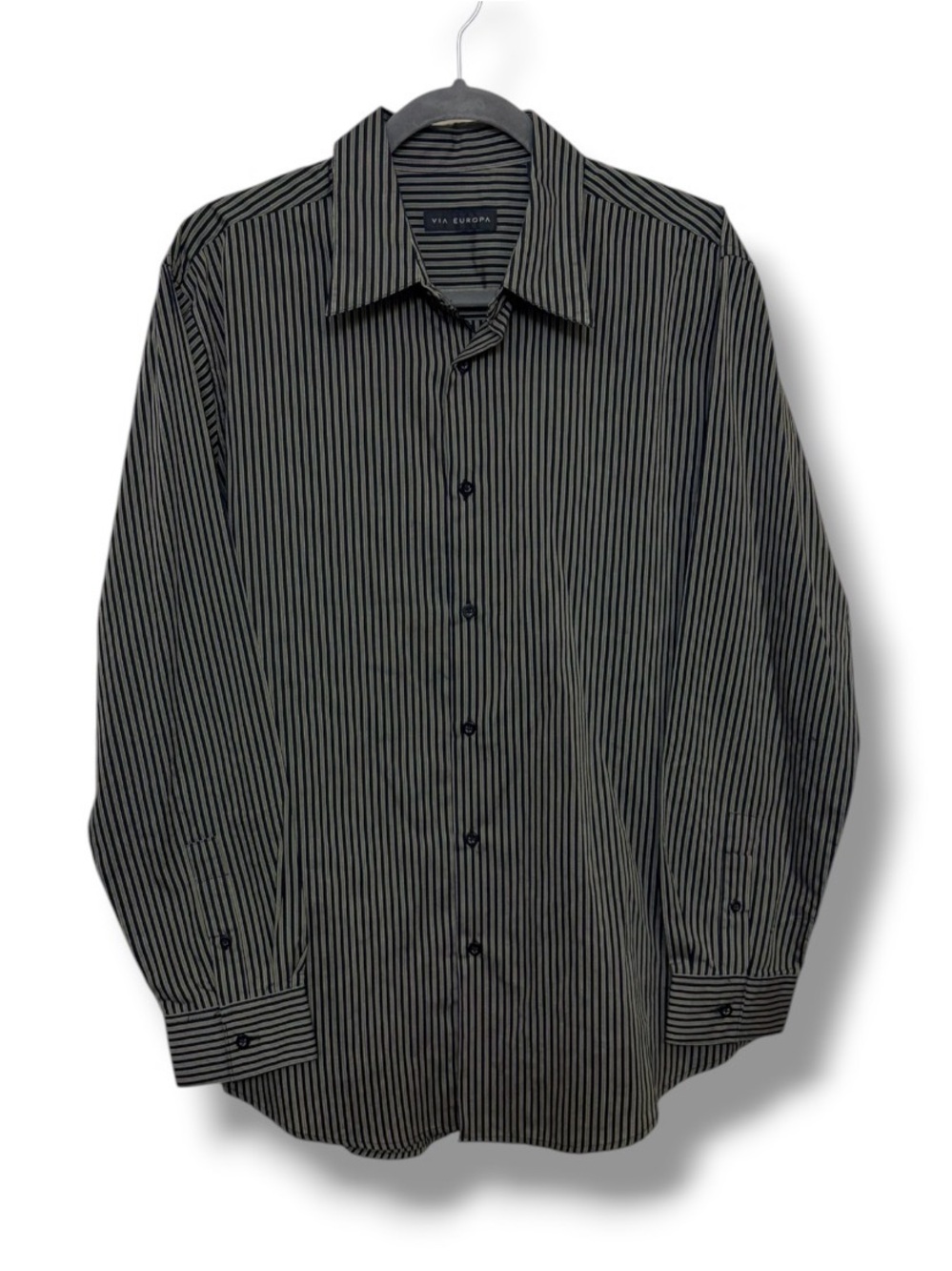 Via Europa Mens Large Button Down Dress Shirt Pinstripe Y2K Mod Dark Academia